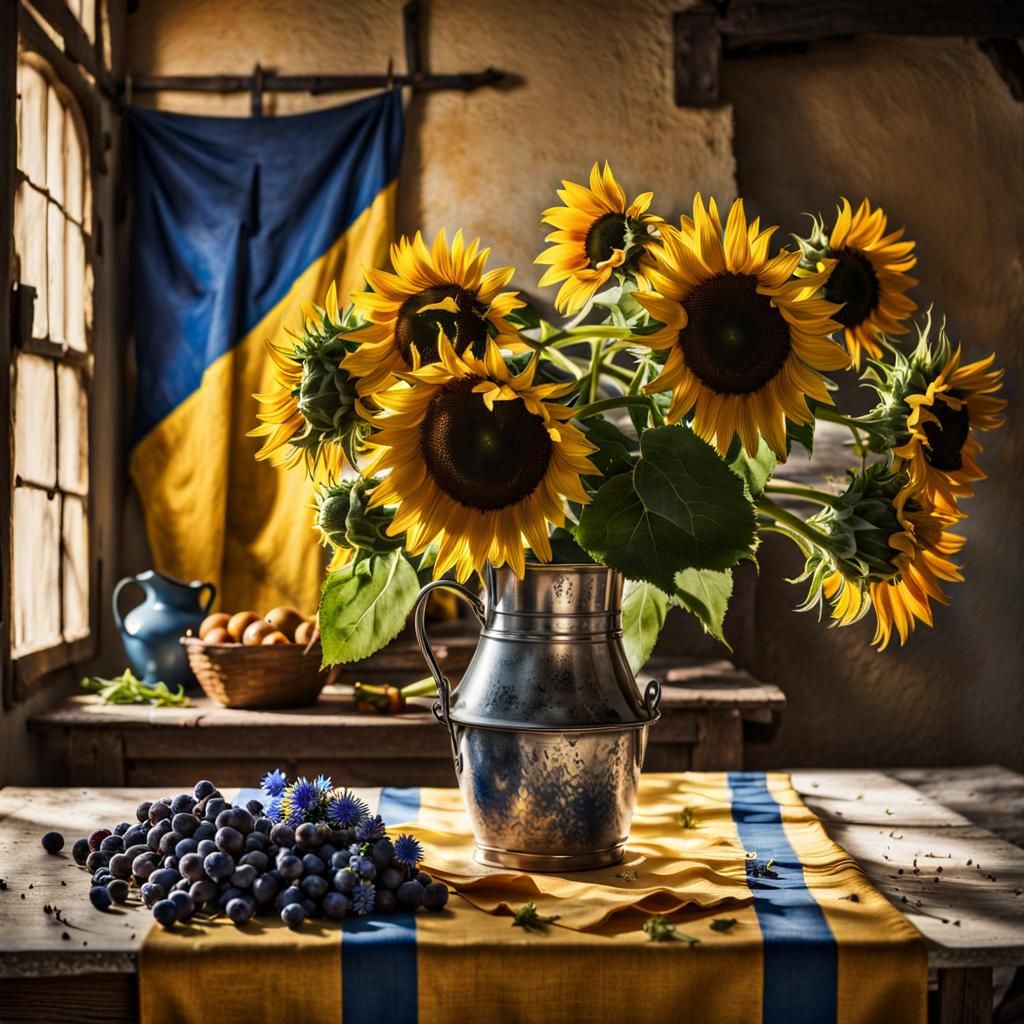 Sunflowers and Delft Blue Flowers Still Life