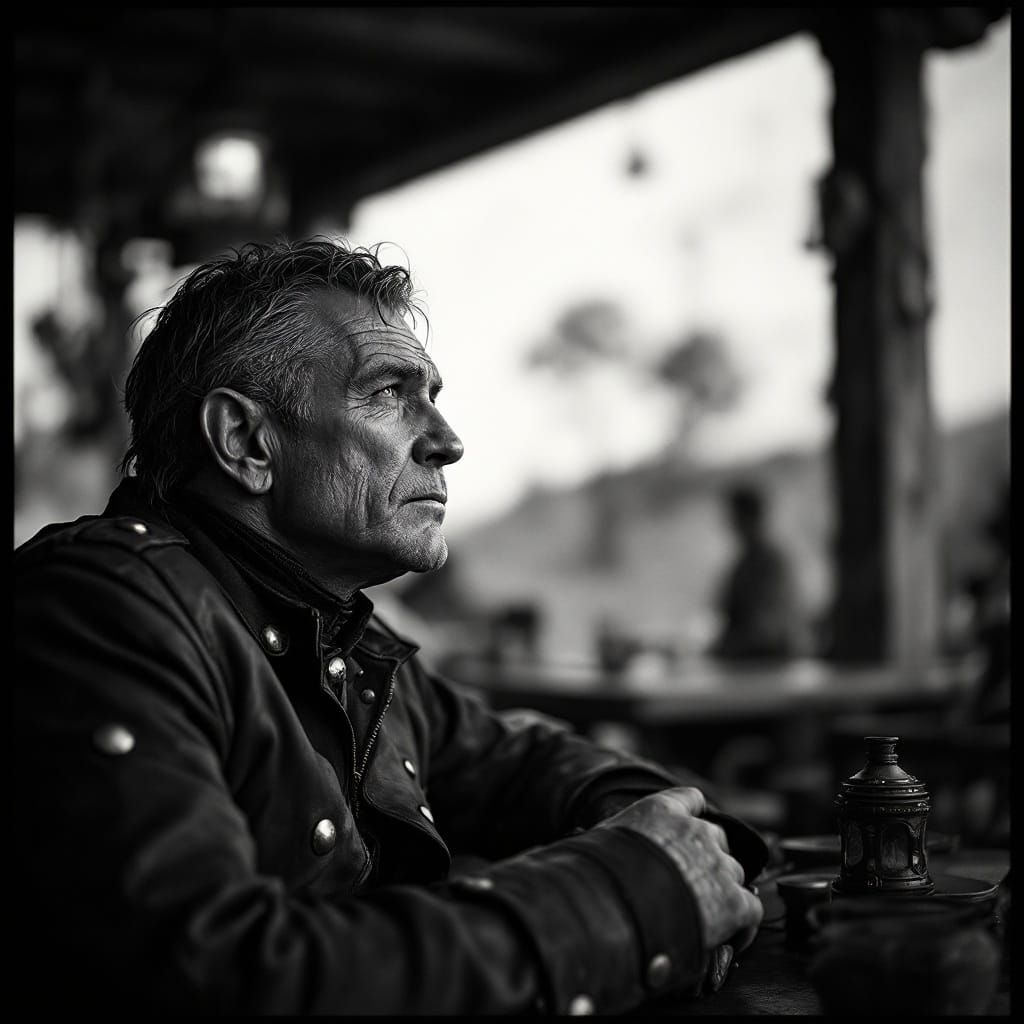 Steampunk Captain in Lunar Café - Black and White Portrait