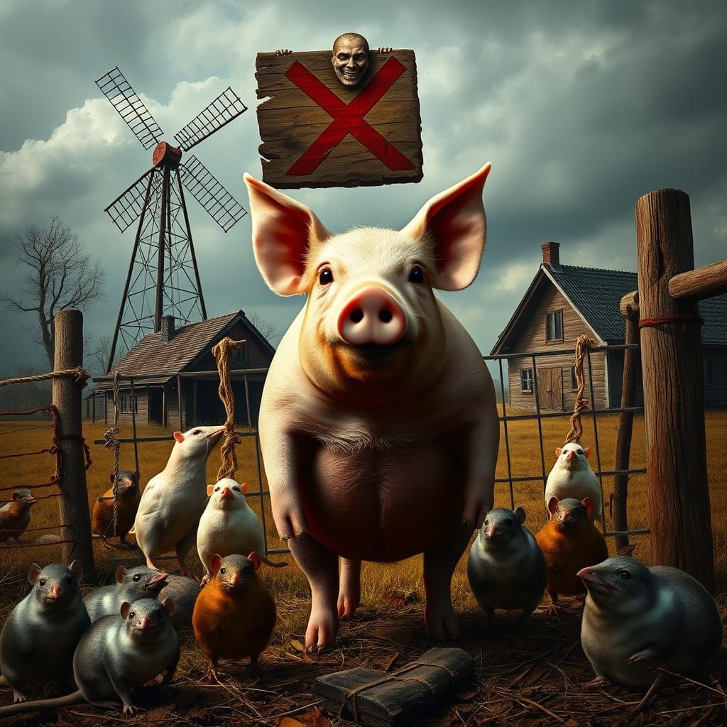 Dystopian Landscape with Dominant Pig and Sealed Birds