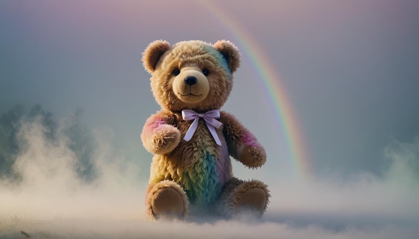 Rainbow Teddy Bear in Misty Fantasy Landscape