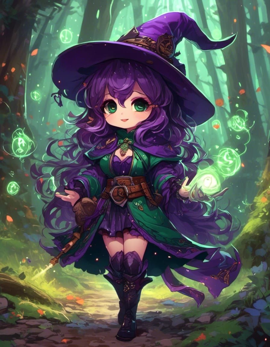 Adorable Chibi Witch with Forest Background