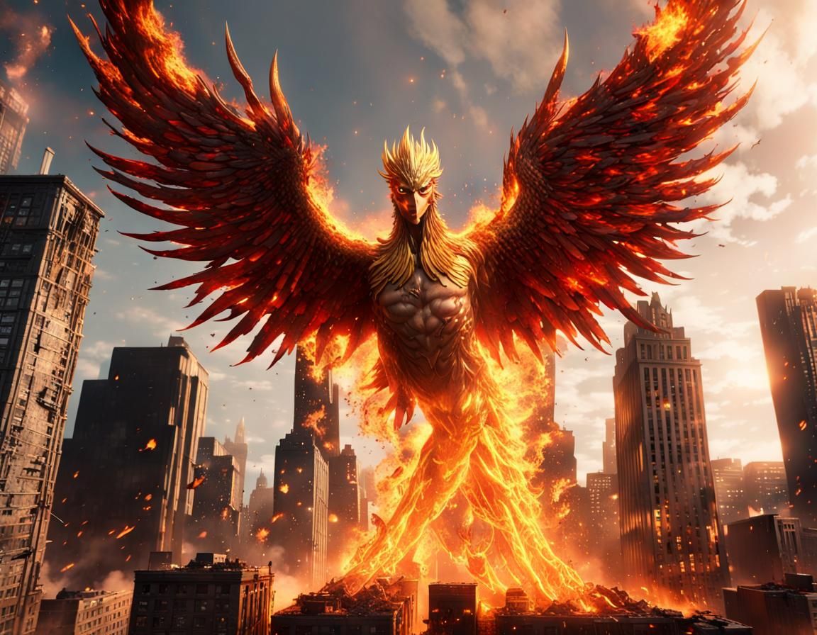 Fiery Phoenix Rises from Burning Gotham City
