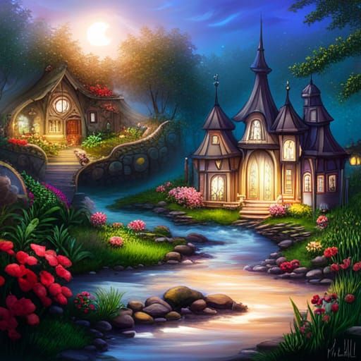 Mystical Fairy Garden Landscape in Graffiti Art Style