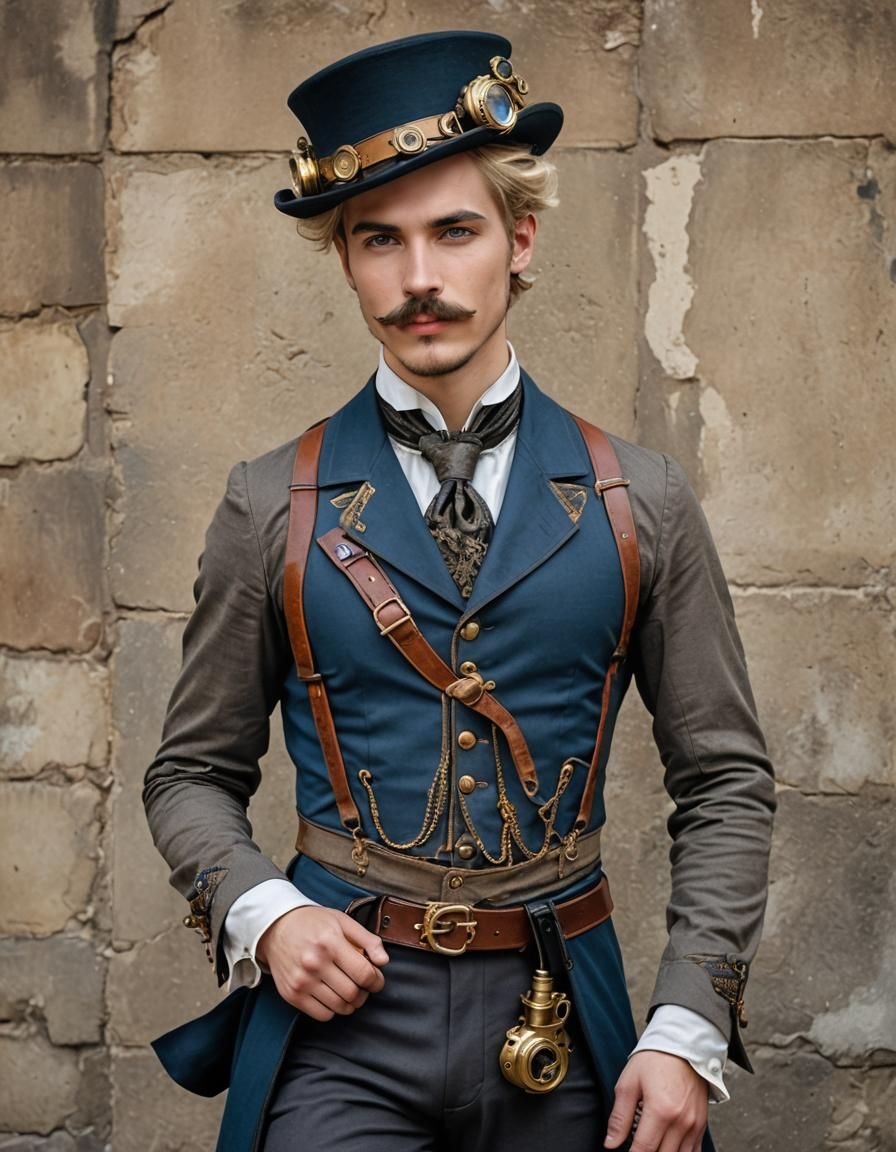 Young Man in Steampunk Costume with Pistol