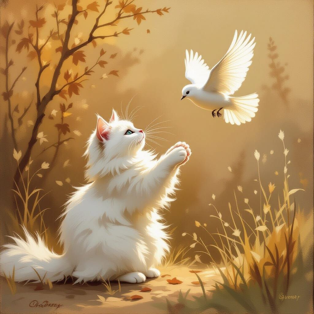 Cat and Bird Chase in Impressionist Style