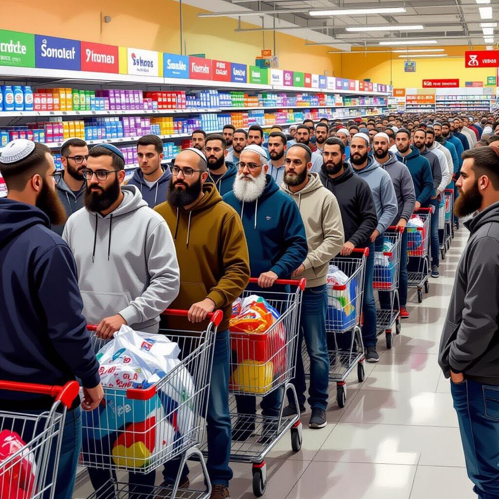 Realistic Digital Painting of Israeli Men in Supermarket Que...