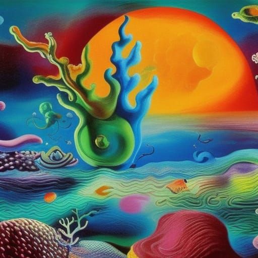 Surreal Moonlit Coral Reef in Gouache and Oil