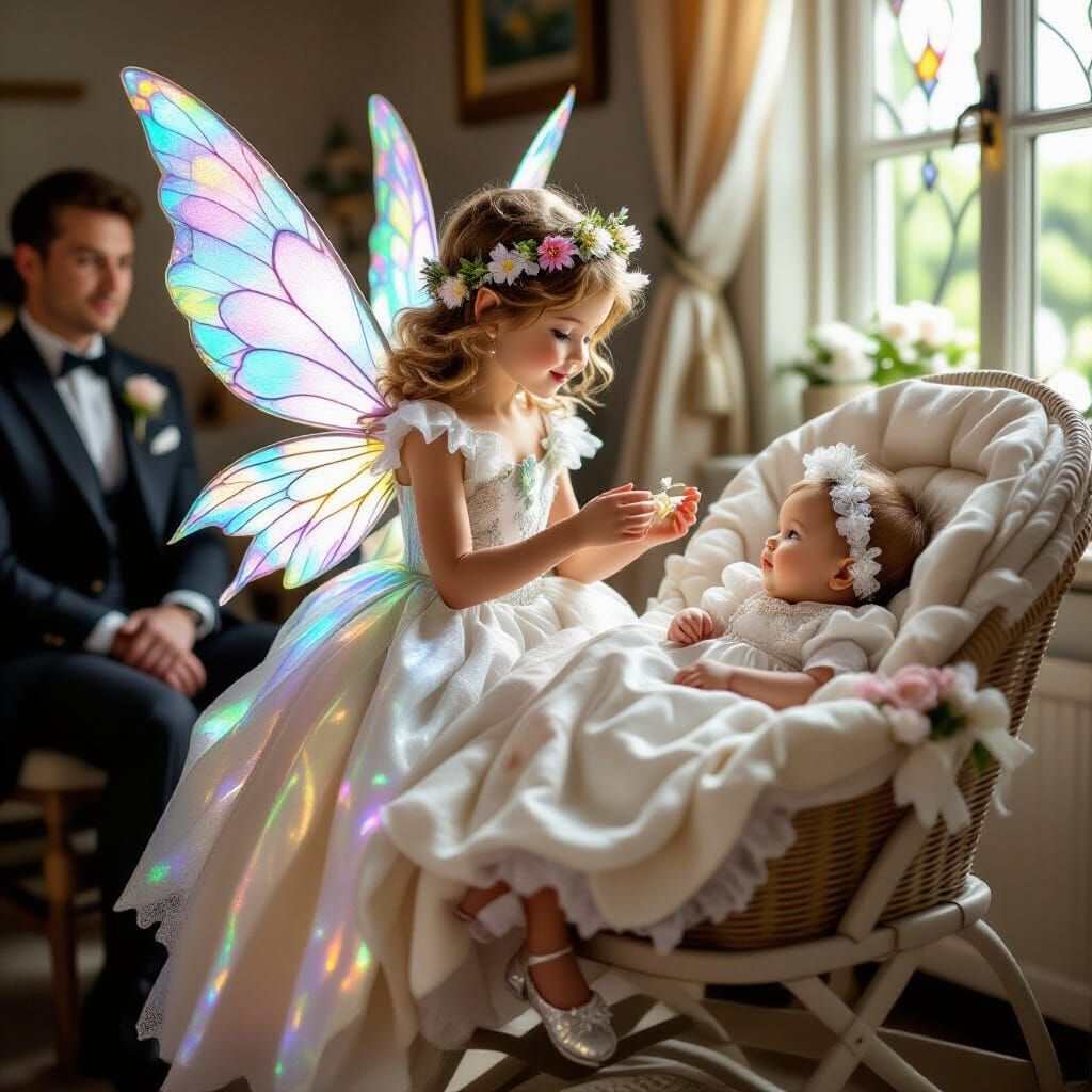 Fairy Gifts Baby in Christening Gown, Stained Glass