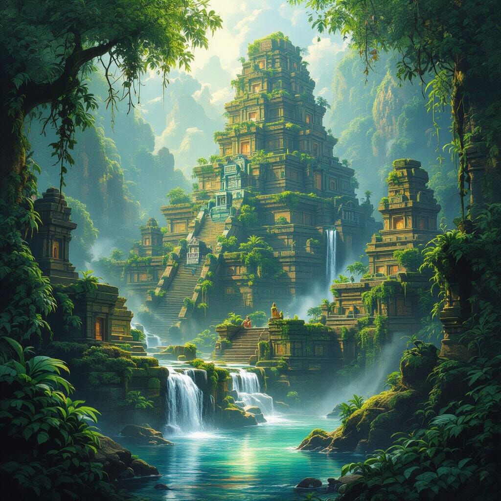 Lost Jungle City Engulfed by Luminous Flora in Fantasy Conce...