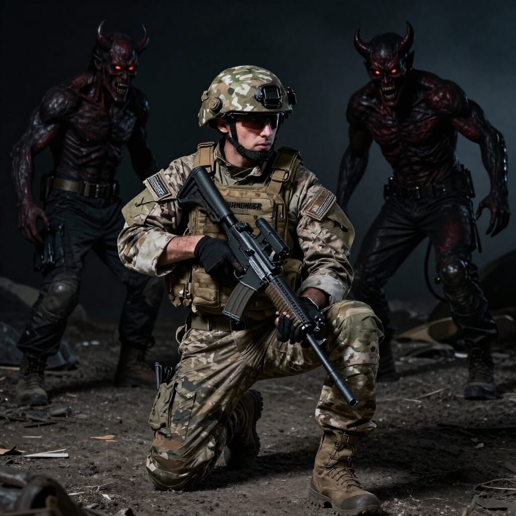 Soldier Battles Demon in Dark Urban Setting