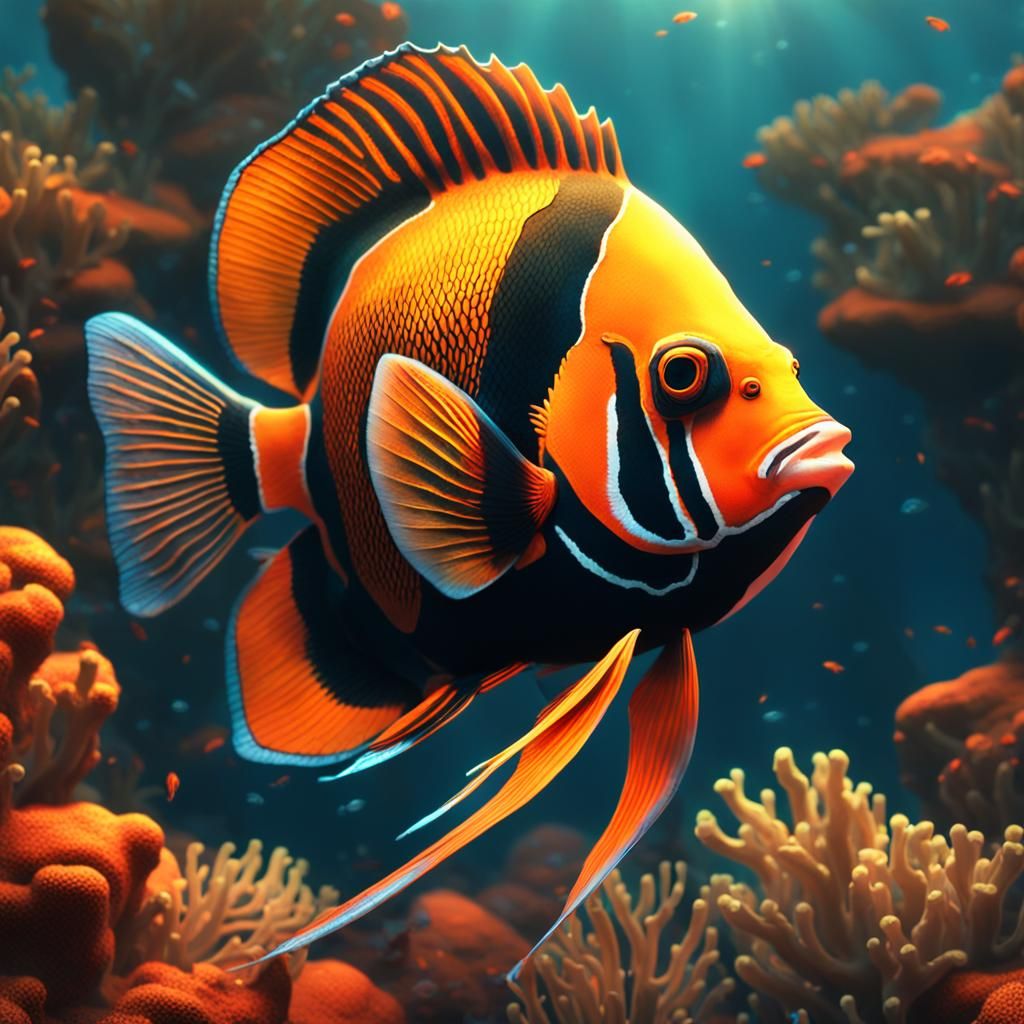 Angel fish sitting on coral reef smoking a cigar