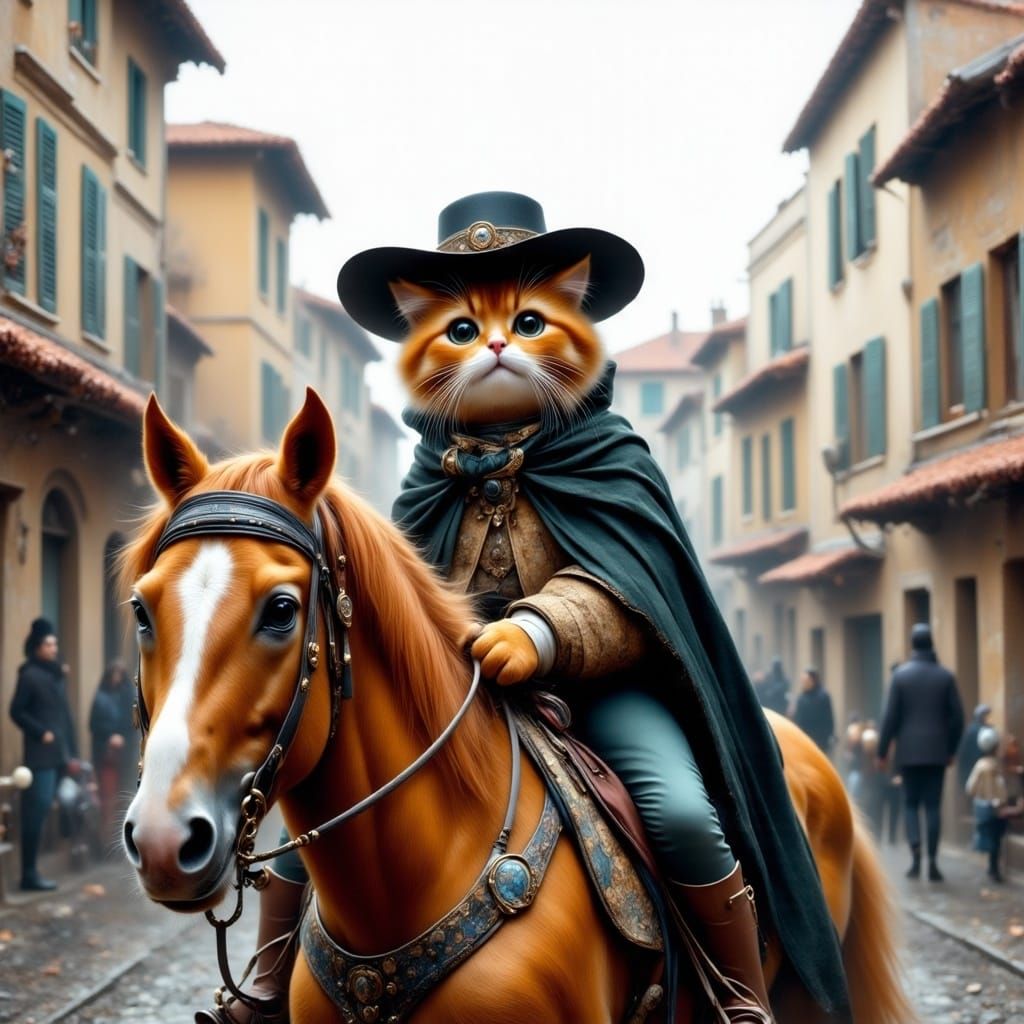Orange Cat Zorro Rides Horse Through Town