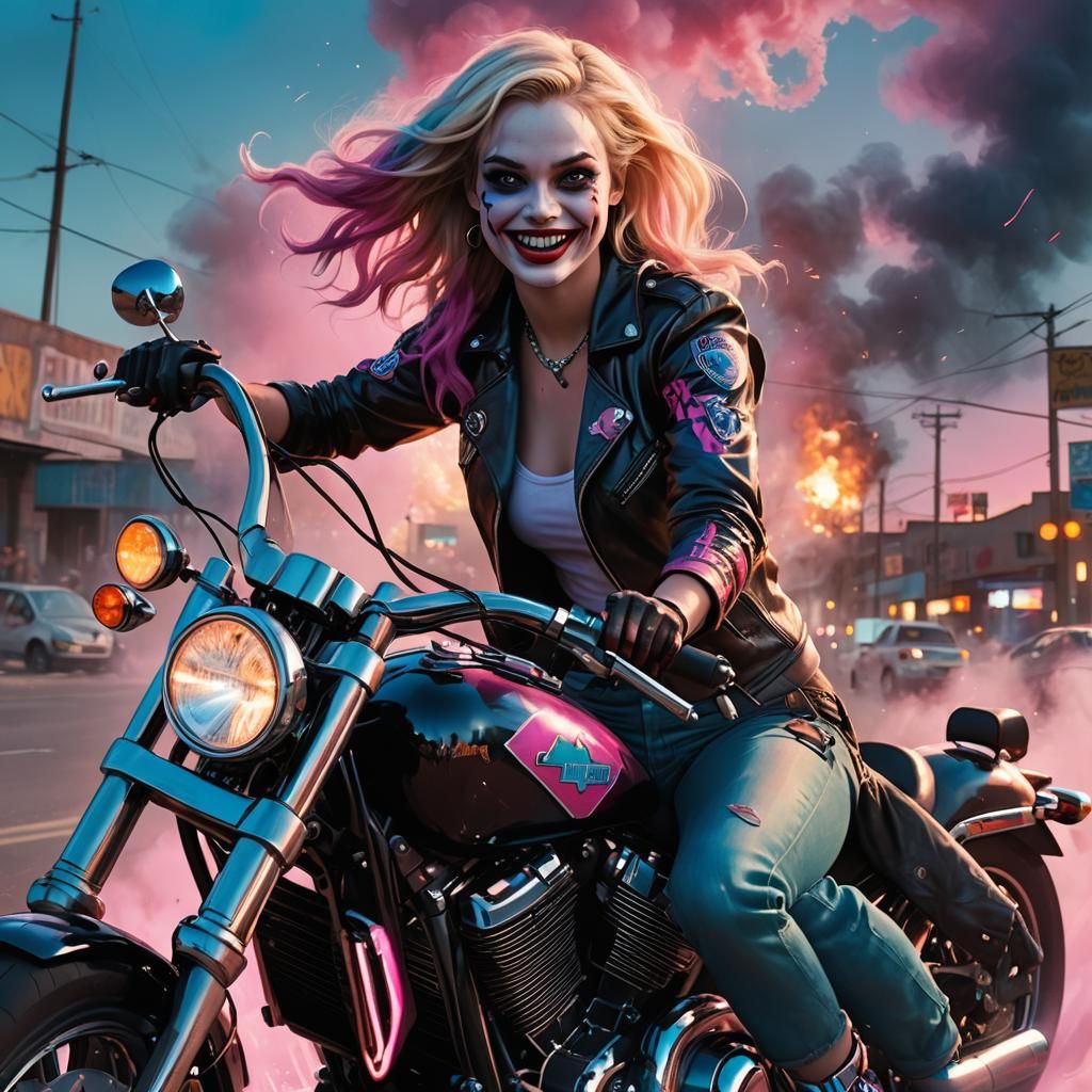 Harley Quinn Rides Motorcycle in Hyper-Realistic Art