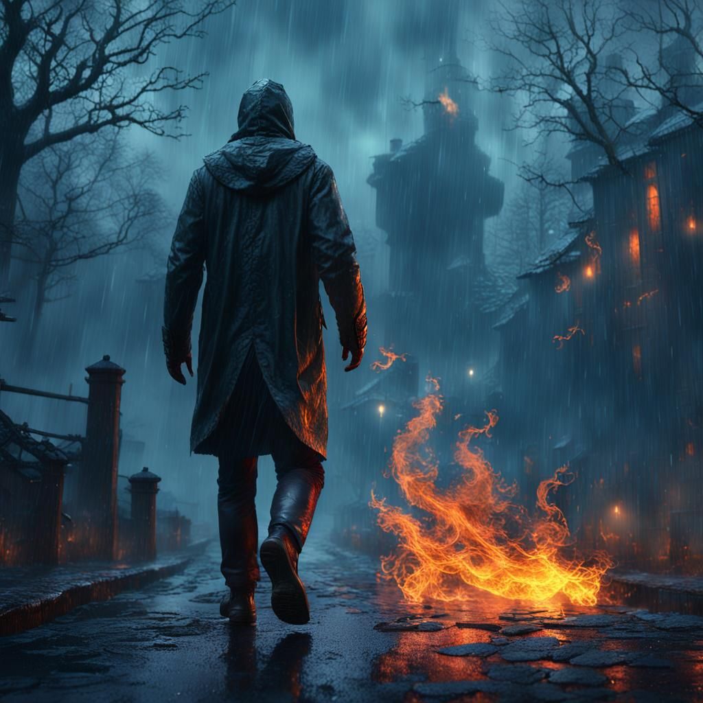 Man Walks in Rain and Fog with Fire: Detailed Matte Painting