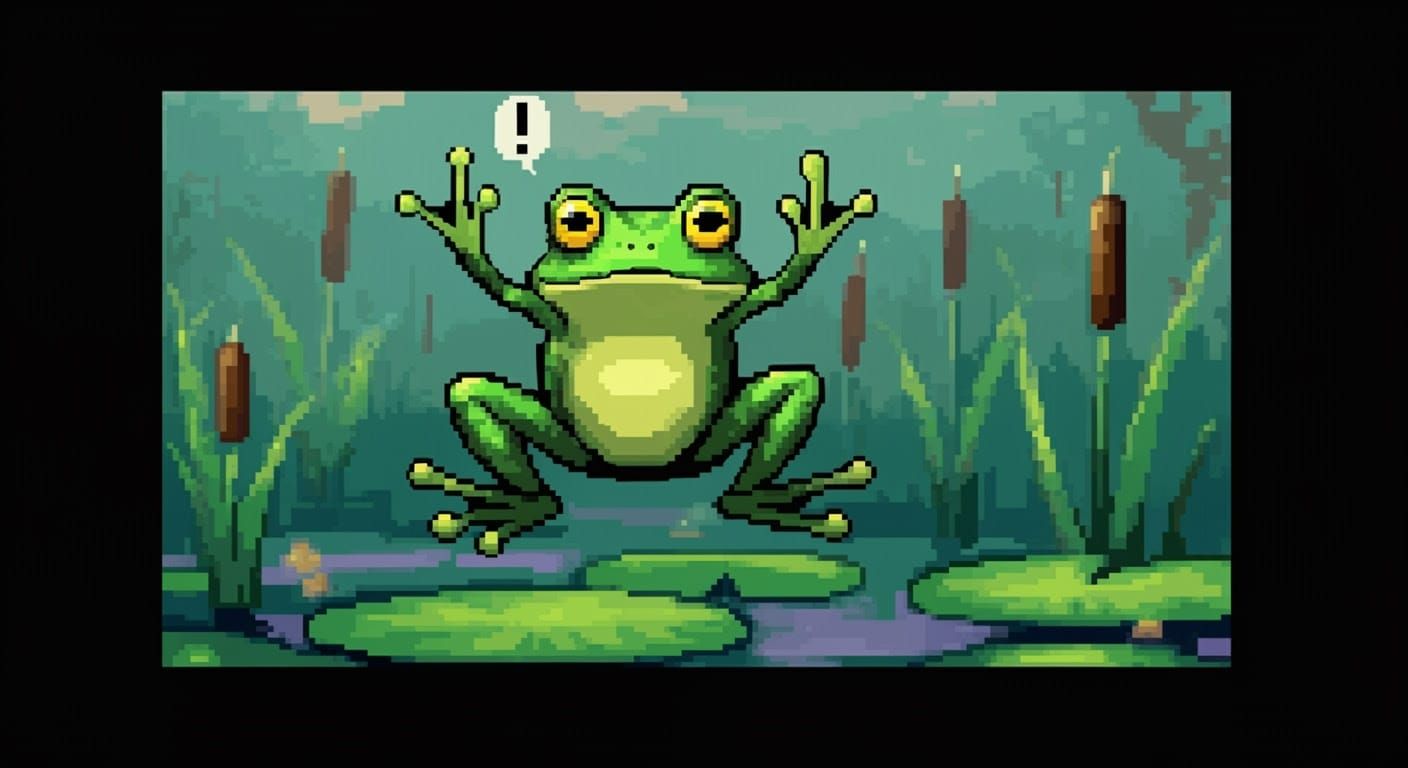 Surprised Pixel Art Frog Mid-Jump in 8-bit Style