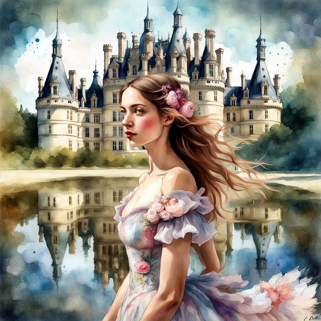 Pretty lady in front of Chateau de Chambord