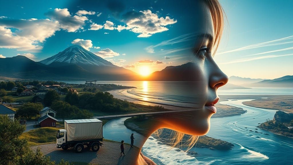 Dreamlike Double Exposure Portrait of Woman and Seascape