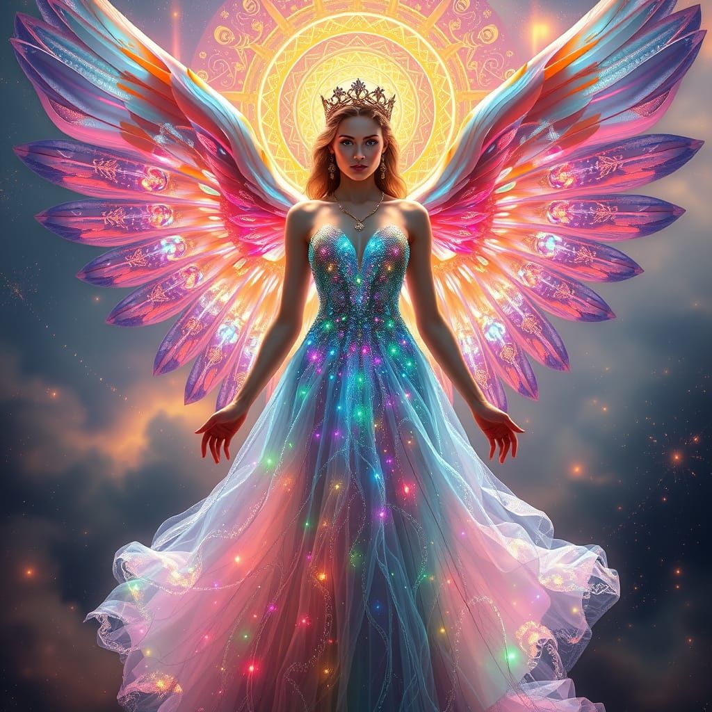 Seraphim Woman in Quantum Dress: Shimmering Light and Energy