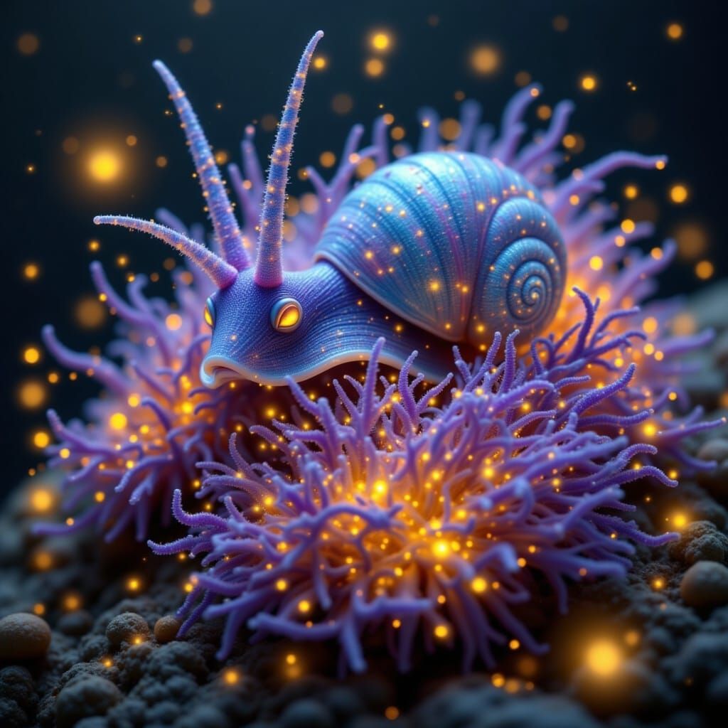Glowing Snail in Whimsical, Dreamy Landscape