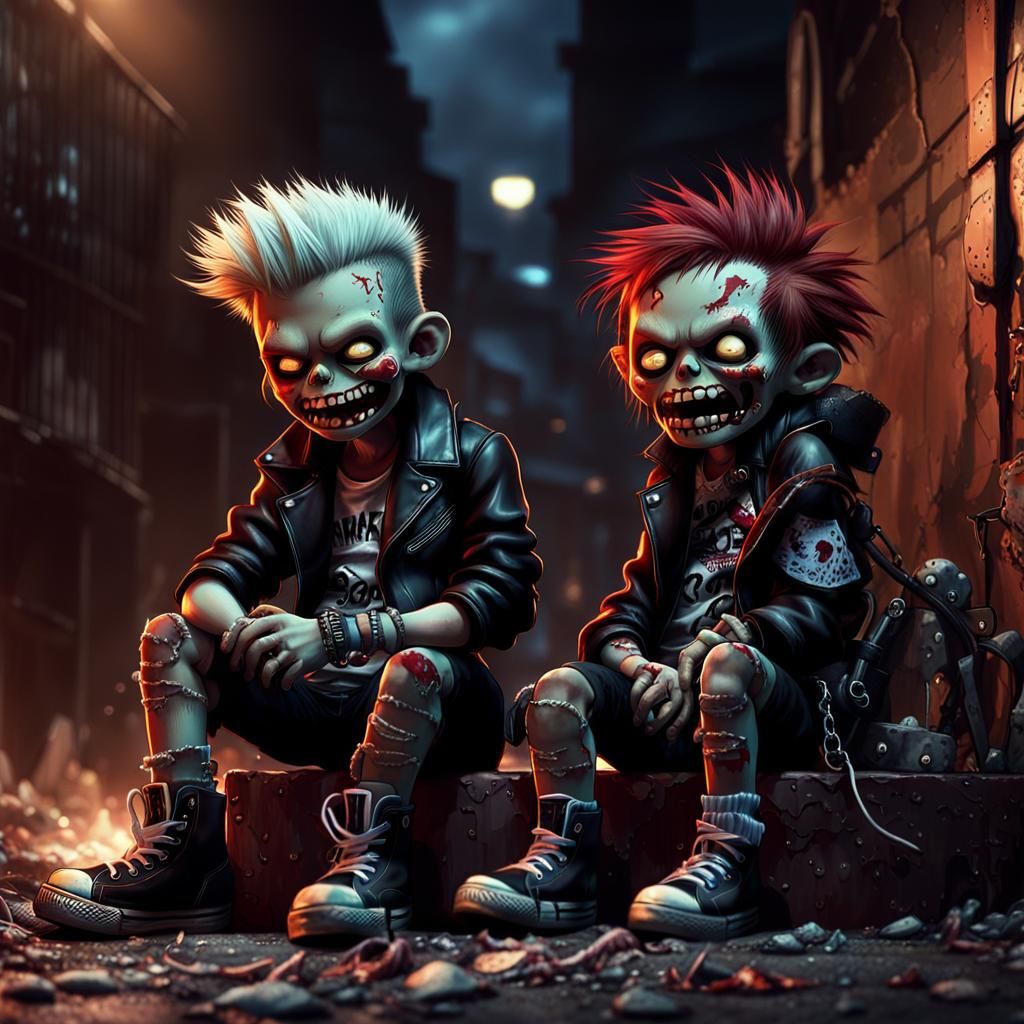 Punk Rocker and Zombie Laughing in Alleyway