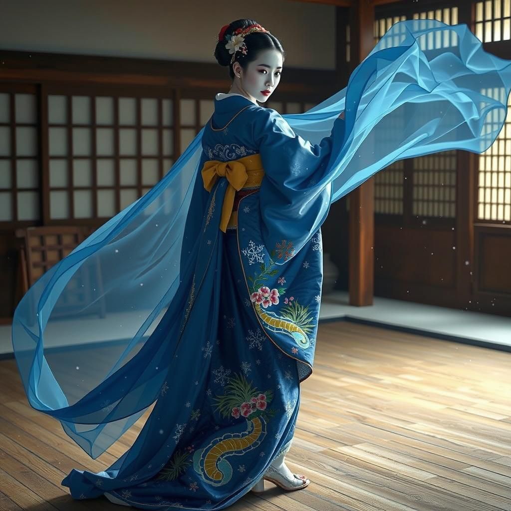 Winter Geisha Kimono in Japanese Dojo