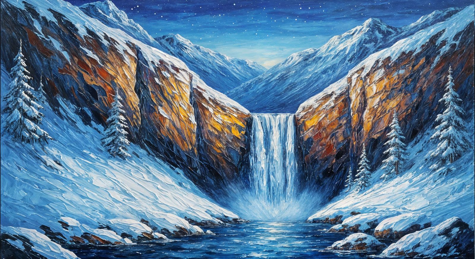 Magical Winter Waterfall in Snow Covered Gorge