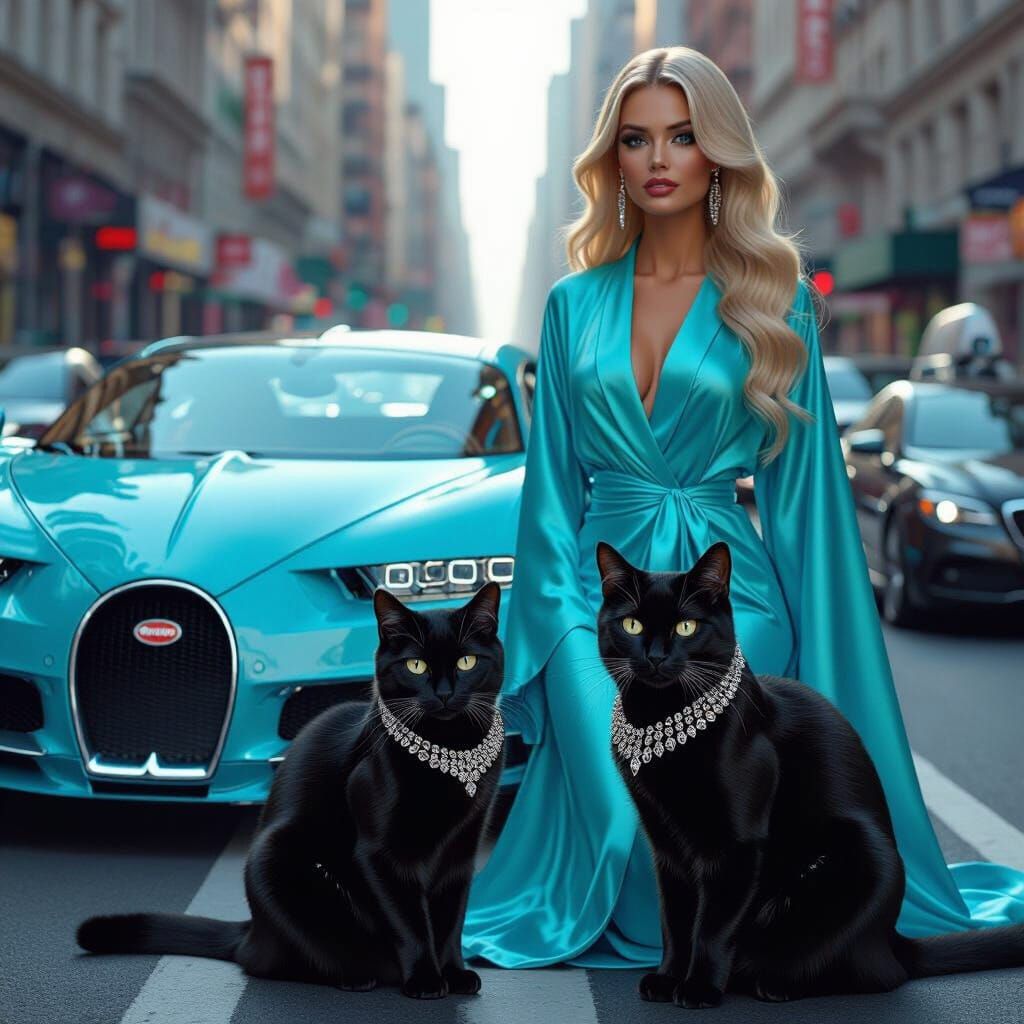 Black Cat & Woman with Bugatti in Hyperrealistic City Scene