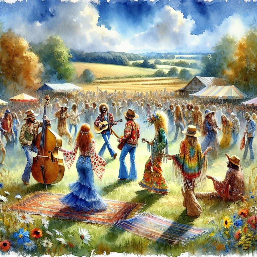 1960s Hippie Country Rock Festival in Watercolour