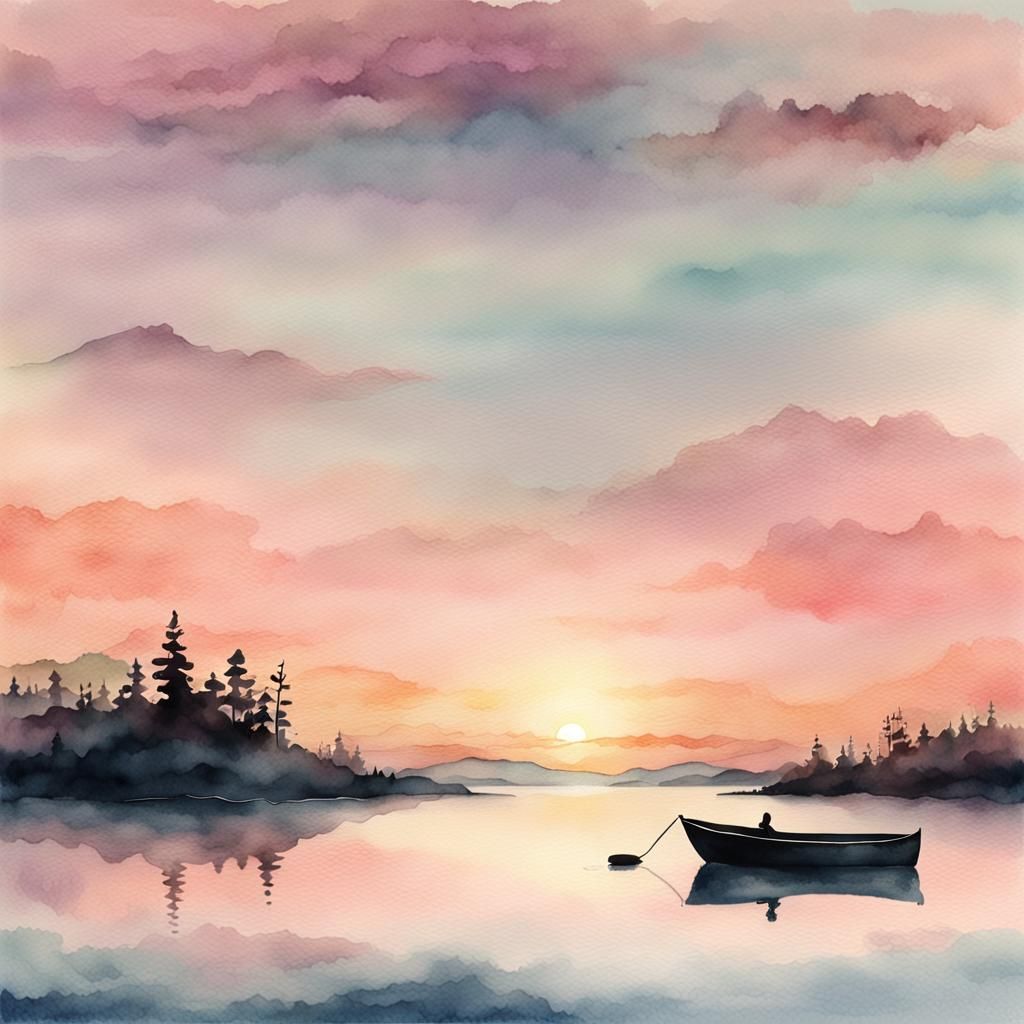 Serene Sunset: Watercolor Boat Silhouette