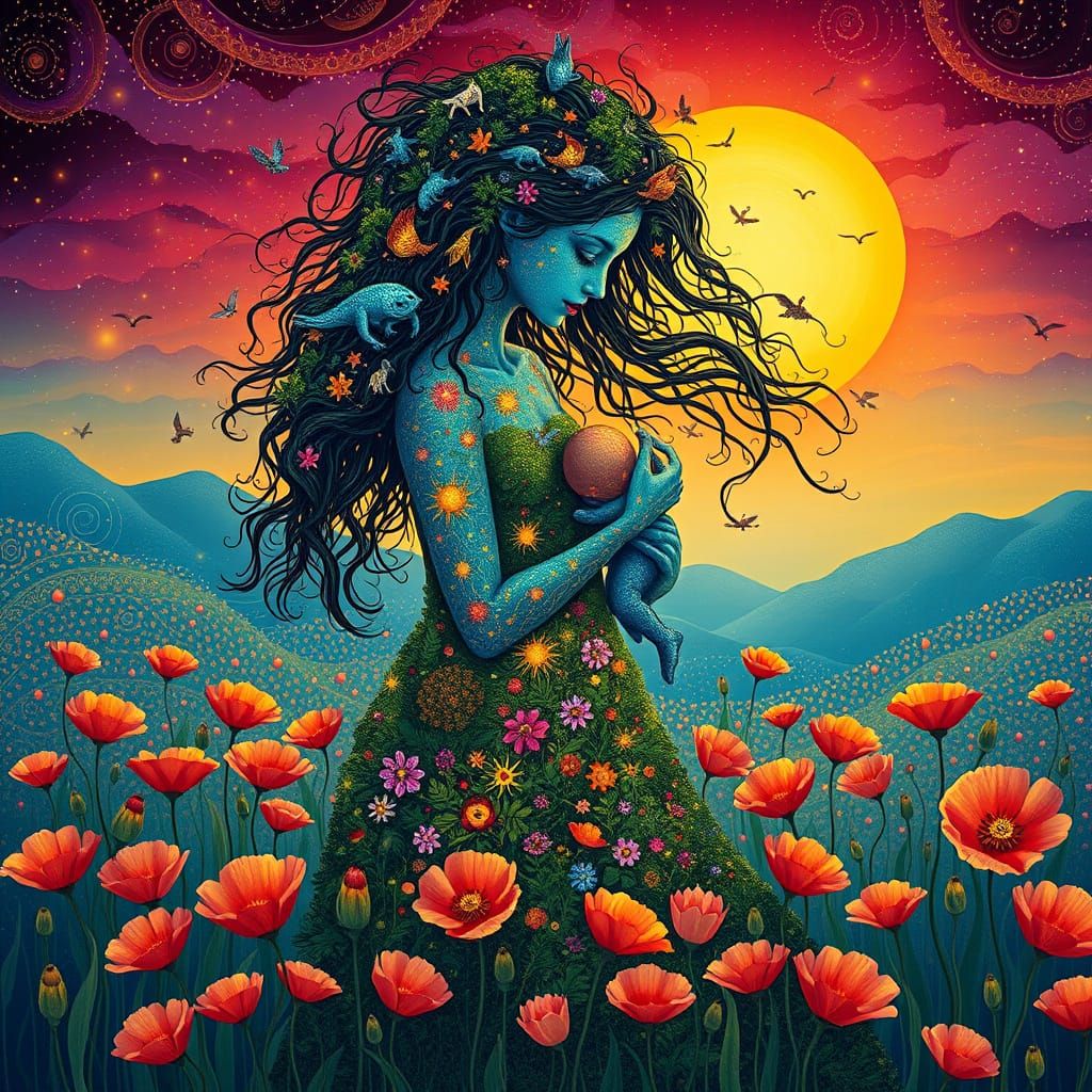 Mother of Lush Forests Enfolds Stardust Child in Dreamlike S...