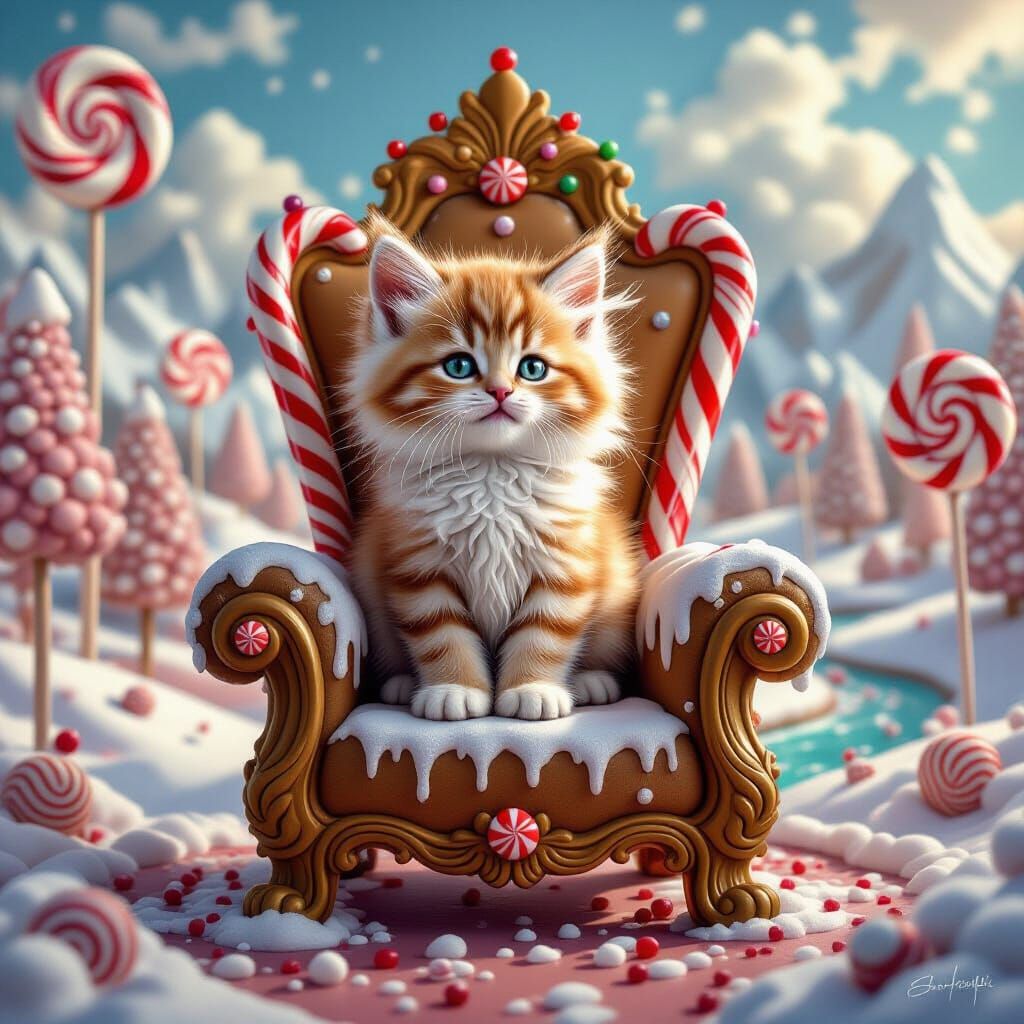 Fluffy Kitten on Gingerbread Throne in Fantastical Landscape