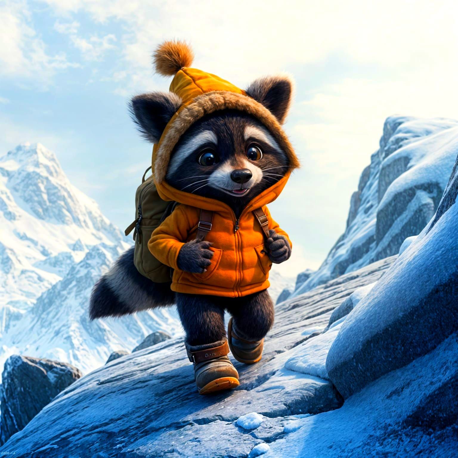Cute Raccoon Hiking in Snowy Mountains: Pixar Style