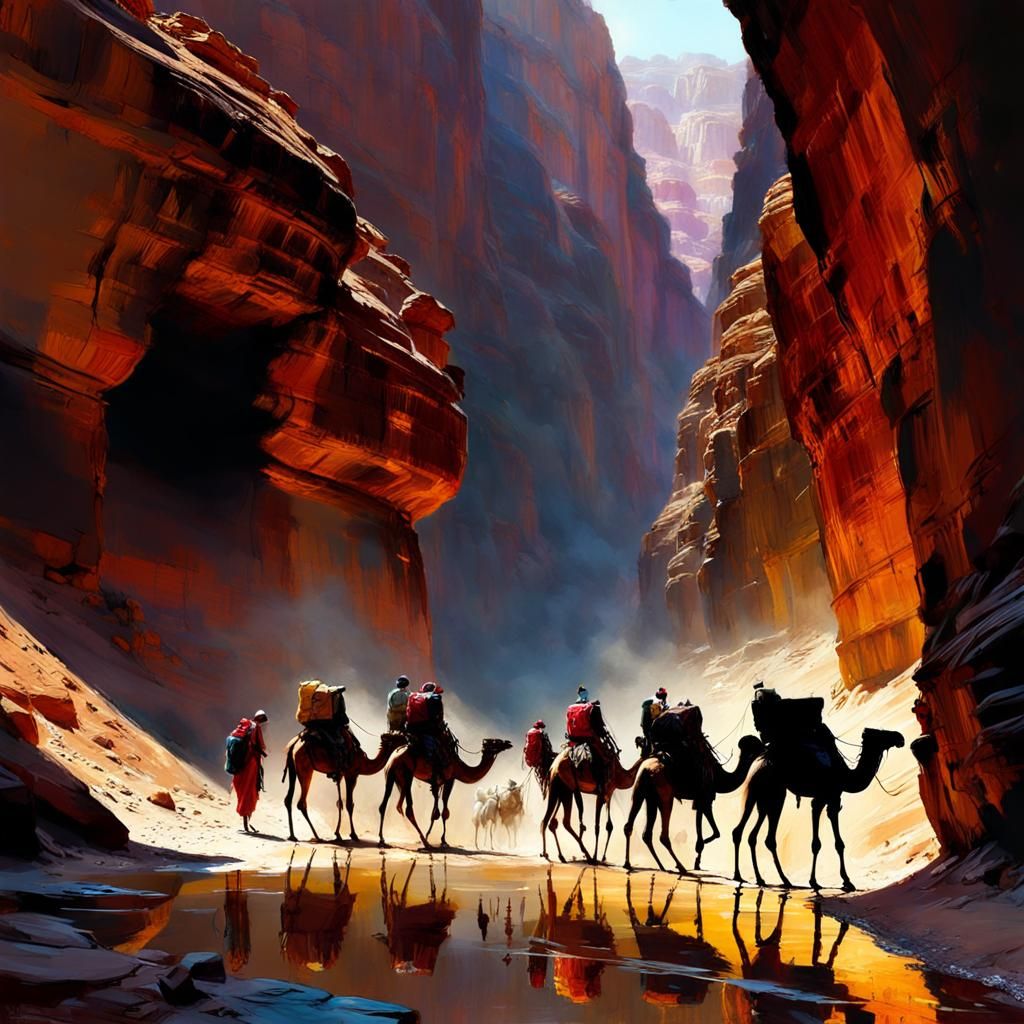 Camel Caravan in Canyon at Petra: Matte Painting
