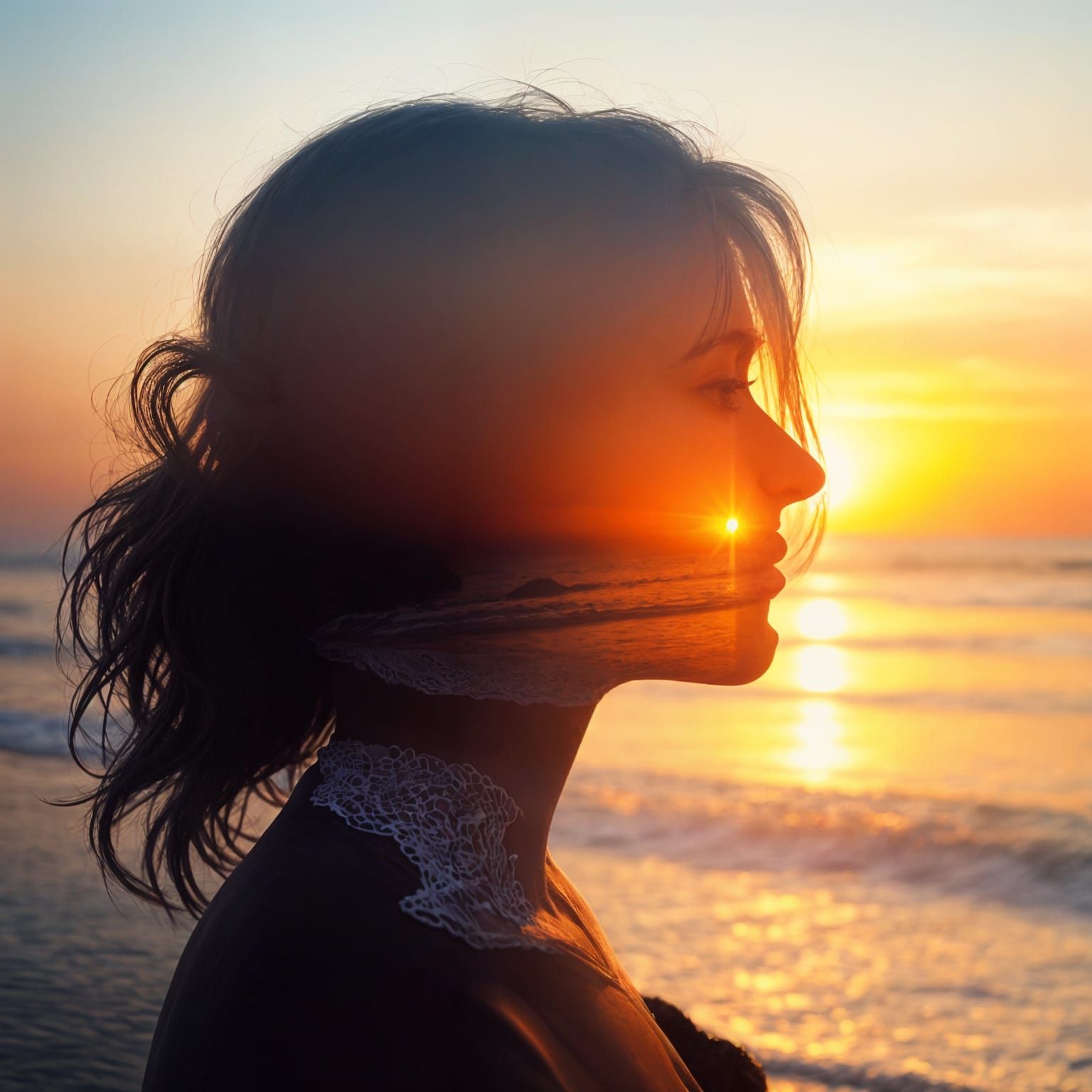 Woman Silhouette Merged With Sunset Beach Double Exposure