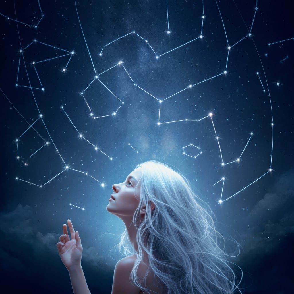 Ethereal Woman Gazing at Constellations in Digital Art