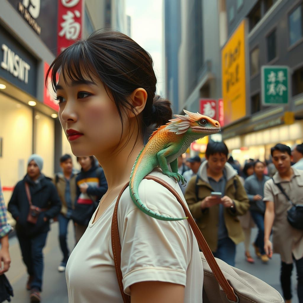 Young Woman Walks City Street with Intricately Detailed Drag...