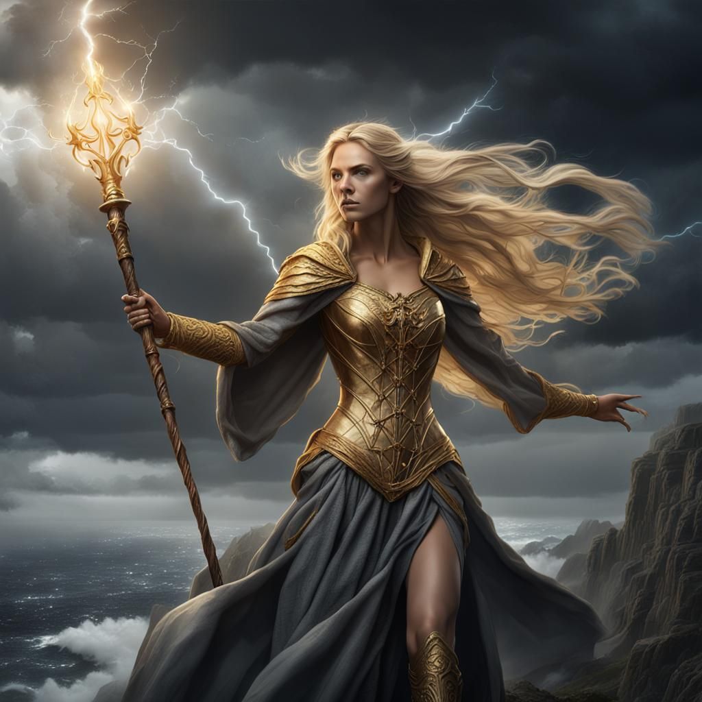 Goddess with Staff in Stormy Sky