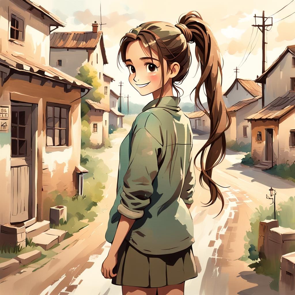 Anime Woman in Rural Town: Acrylic Art