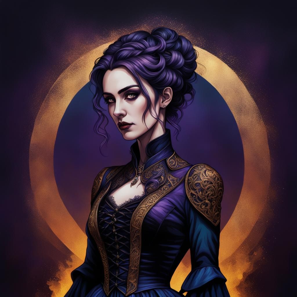 Gothic Woman with Fiery Sparks in Pyrography Style