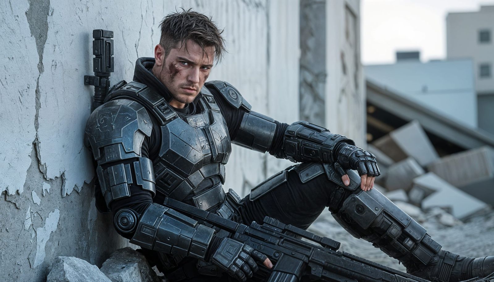 Cyberpunk Warrior Resting in Neon City Ruins