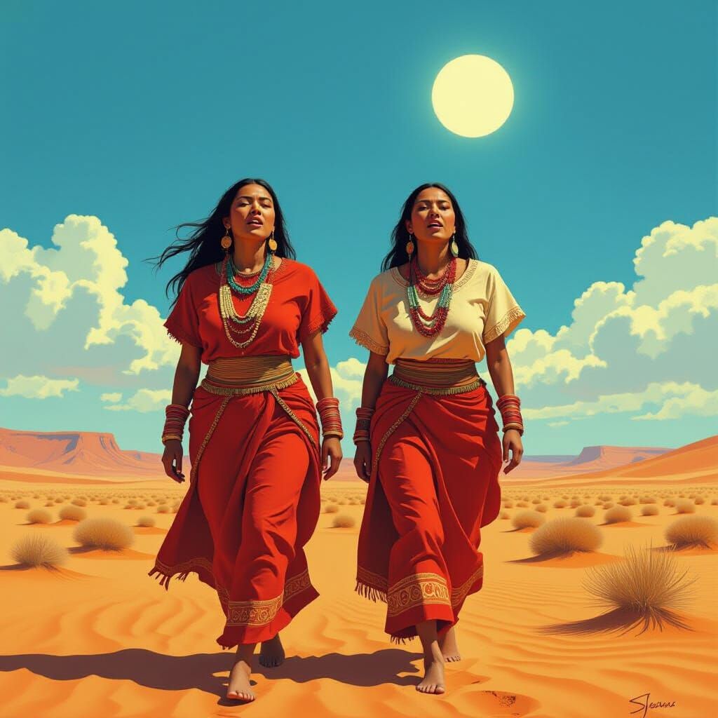Two Women Singing in a Sun-Scorched Desert
