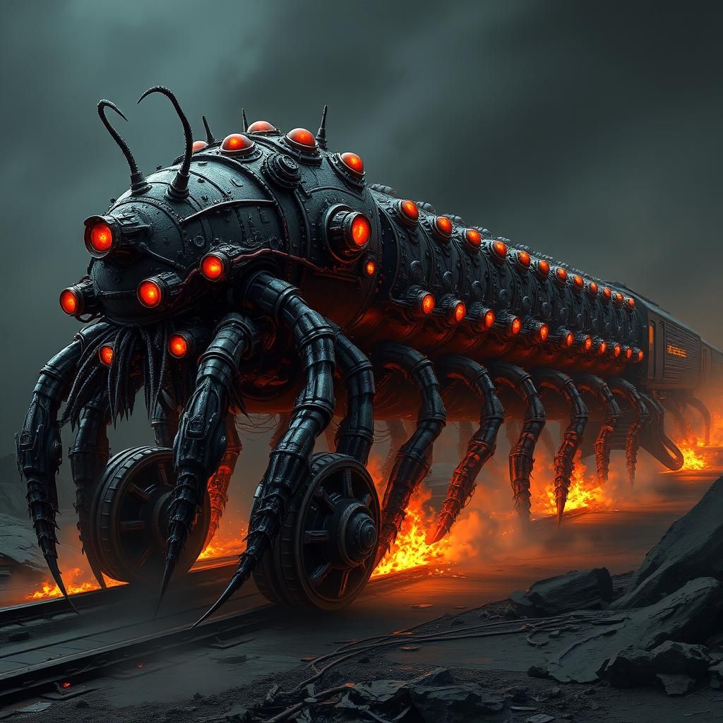 Biomechanical Centipede Train in Gothic Sci-Fi Style