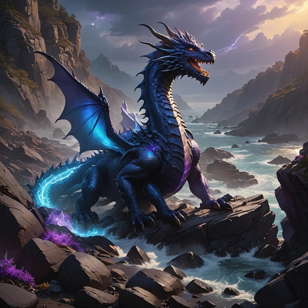 Radiant Blue Light Dragon Over Coastline
