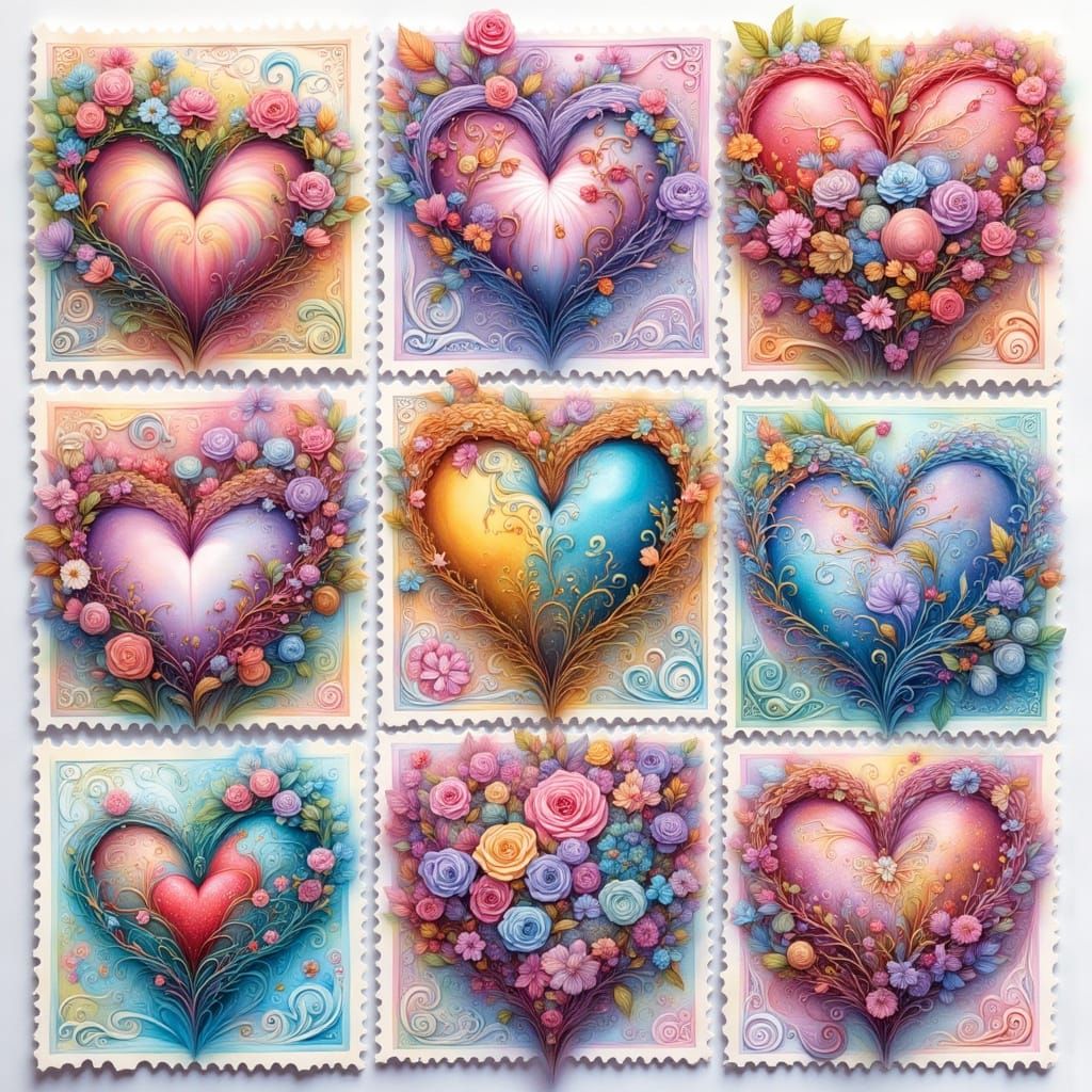 Whimsical Heart-Shaped Postage Stamps in Vintage Style