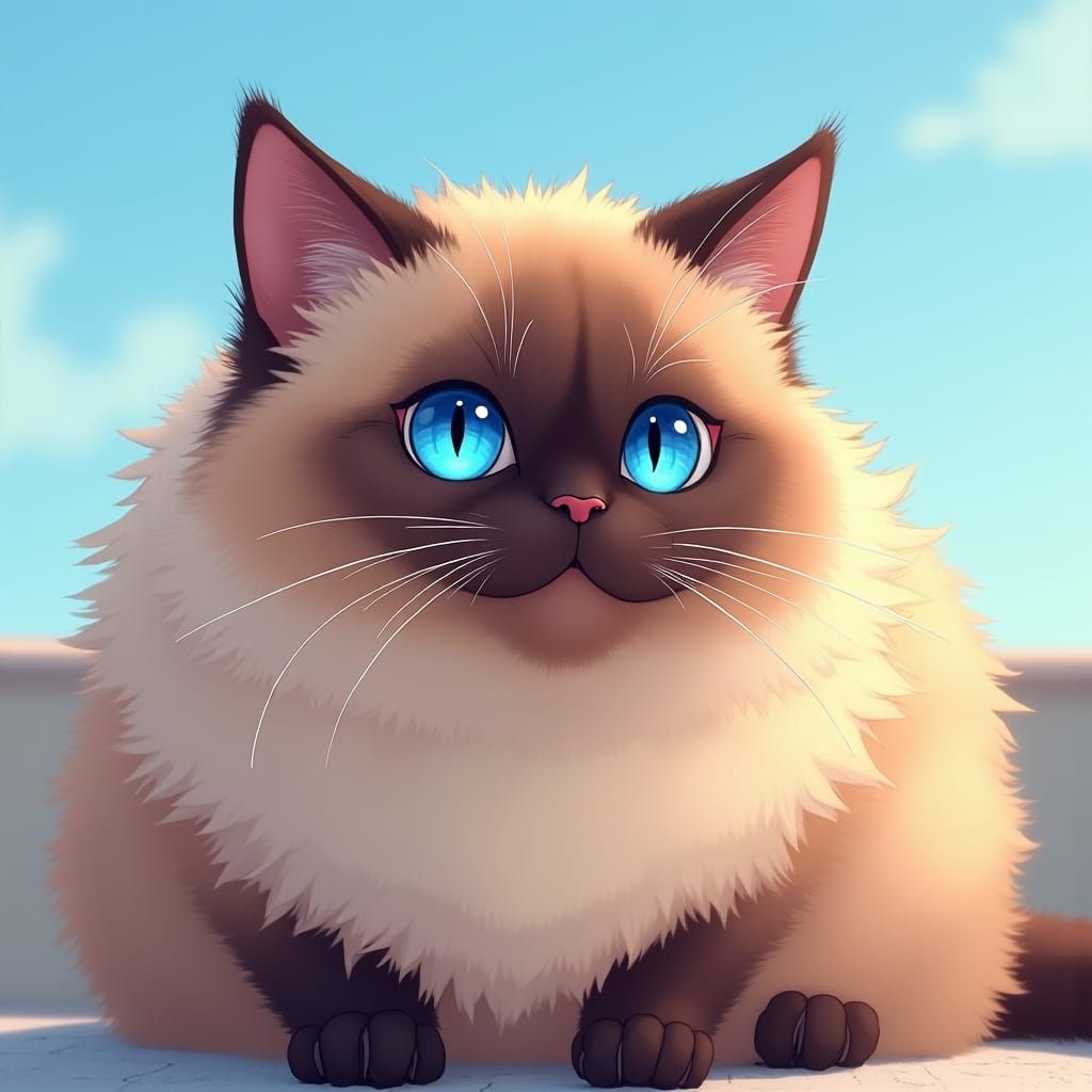 Fluffy Burmese Cat with Sapphire Eyes, Anime Style