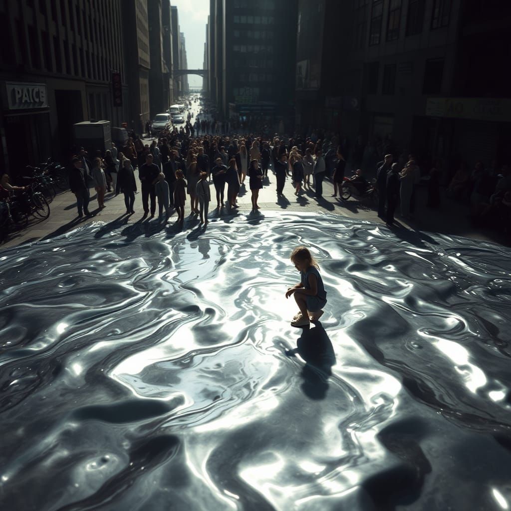 Dystopian Liquid Metal Reflection in Urban Plaza