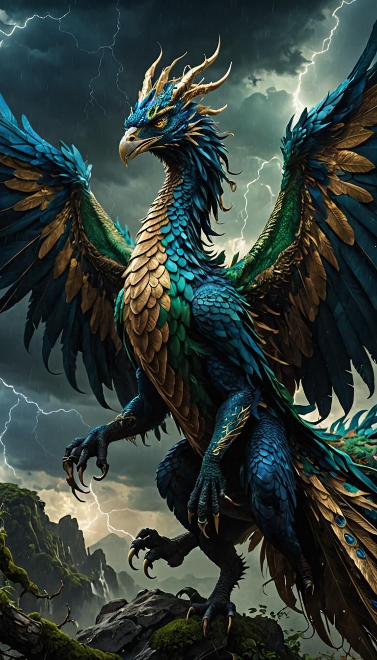 Dragon-Peacock Hybrid Soaring in Stormy Sky
