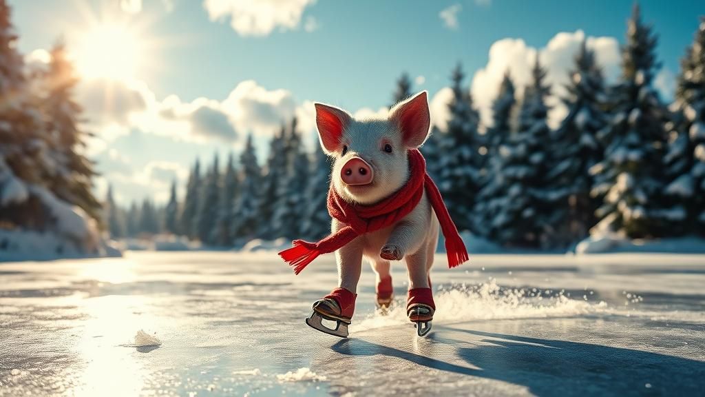 Piglet Ice Skating on Frozen Pond: Cinematic Winter Scene
