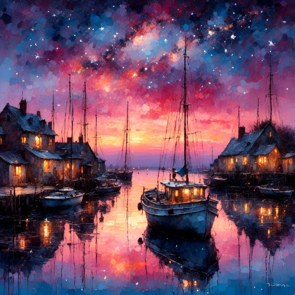 Dusk Over Harbour Township with Milky Way