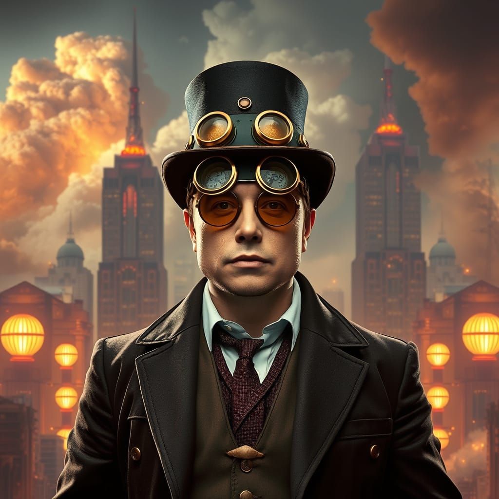 Steampunk Elon Musk in Dystopian Cityscape